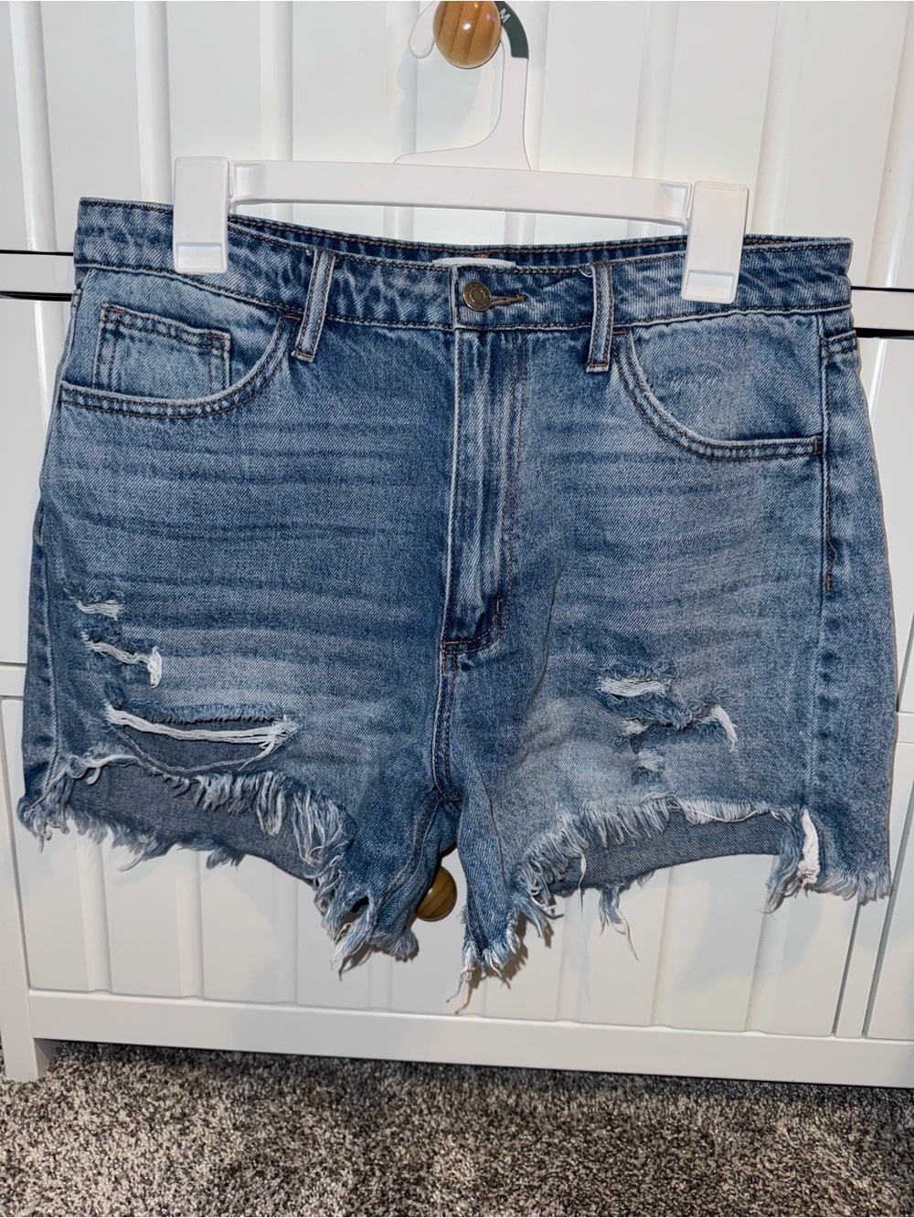 Cello Distressed High-Rise Jean Shorts - Medium Blue Wash